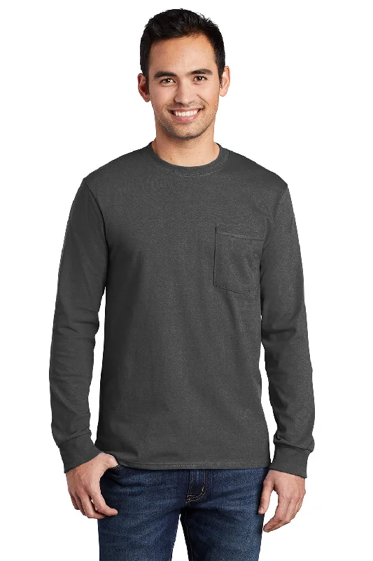Crazy Savings Port & Company Mens Essential Long Sleeve Crewneck T-Shirt w/ Pocket - Charcoal Grey