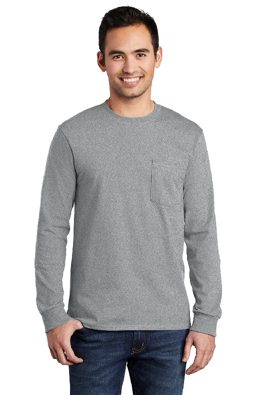 Incredible Offers Port & Company Mens Essential Long Sleeve Crewneck T-Shirt w/ Pocket - Heather Grey