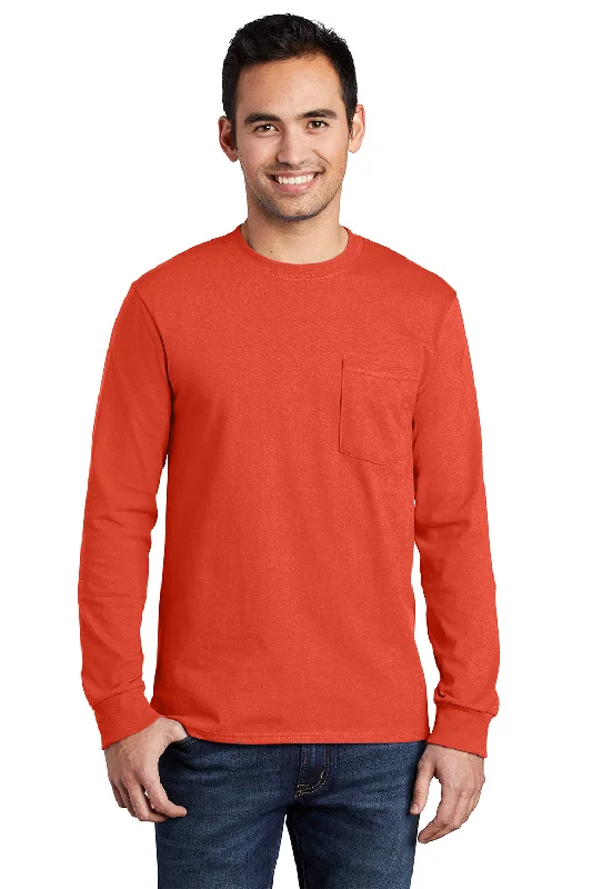Super Bargain Port & Company Mens Essential Long Sleeve Crewneck T-Shirt w/ Pocket - Orange