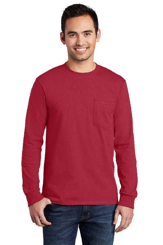 Reduced Prices Port & Company Mens Essential Long Sleeve Crewneck T-Shirt w/ Pocket - Red