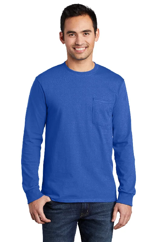 Deal Mania Port & Company Mens Essential Long Sleeve Crewneck T-Shirt w/ Pocket - Royal Blue