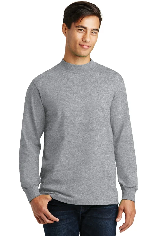Hurry In Port & Company Mens Essential Long Sleeve Mock Neck T-Shirt - Heather Grey