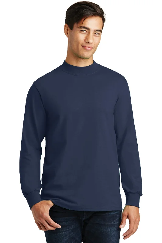 Weekend Bargains to Sizzle Port & Company Mens Essential Long Sleeve Mock Neck T-Shirt - Navy Blue