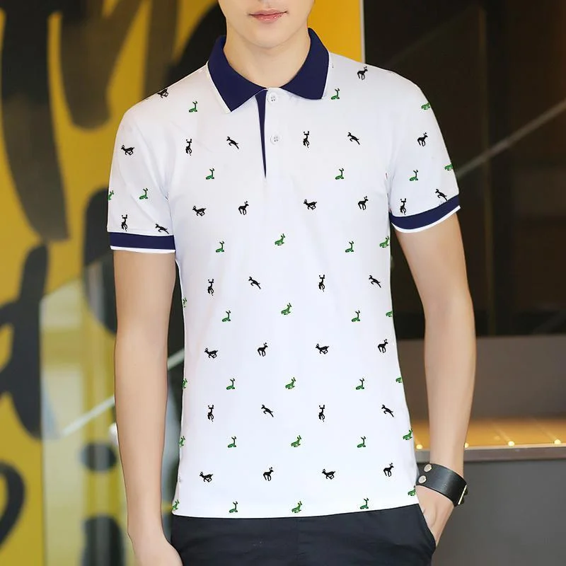 Stock Clearance Short Sleeve T-shirt Men\'s One Summer Men\'s Thin Polo Shirt Fawn Print Lapel T-Shirt Large