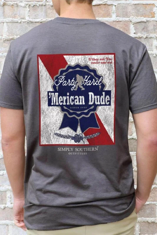 Closeout Sale Simply Southern 'Merican Ribbon T-Shirt for Men in Dark Heather Grey | MN-SS-RIBBON-IRONHTHER Closeout Sale Simply Southern 'Merican Ribbon T-Shirt for Men in Dark Heather Grey | MN-SS-RIBBON-IRONHTHER