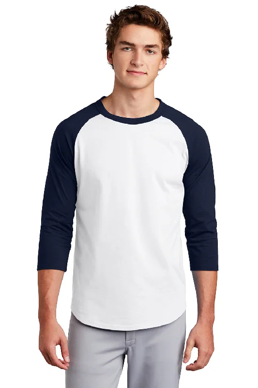Today Only Sport-Tek Mens 3/4 Sleeve Crewneck T-Shirt - White/Navy Blue