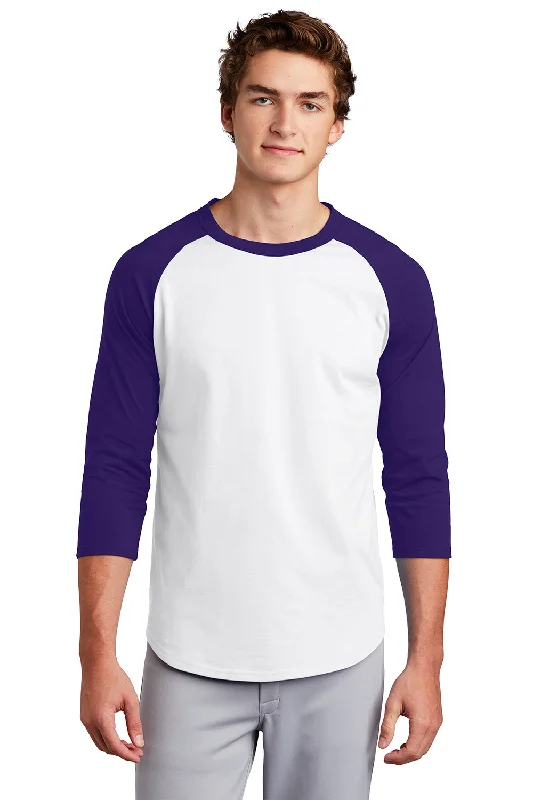 New Markdowns Sport-Tek Mens 3/4 Sleeve Crewneck T-Shirt - White/Purple